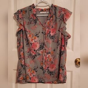 Notations Gray Floral Tie-Neck Ruffle Sleeve Blouse